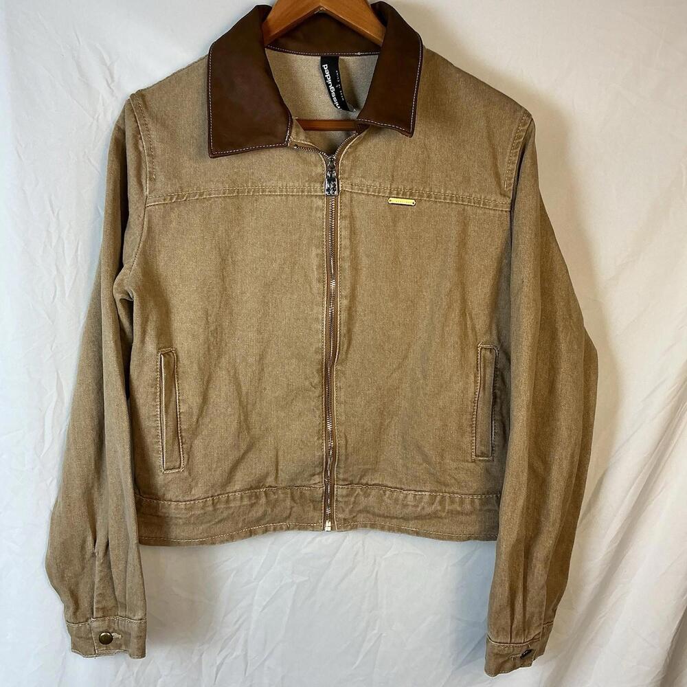 MISSGUIDED Contrast Collar Zip Through Denim Jacket Beige Tan Brown Zipper